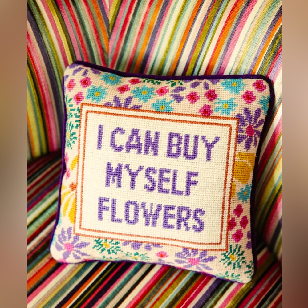 “Buy Myself Flowers” NWT Needlepoint Pillow